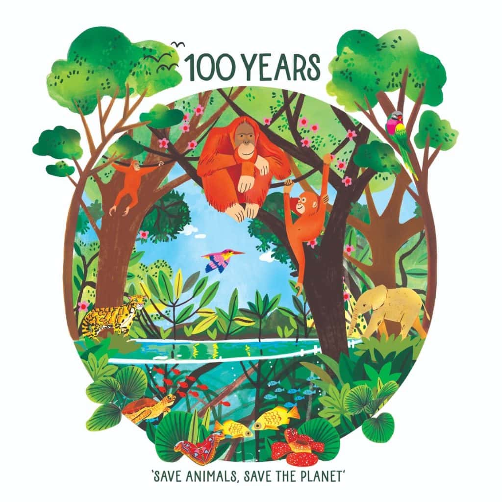 Illustrated design featuring the lush mangroves of Borneo, with animals including orangutans, a jaguar, an elephant, colorful birds, and fish. Text at the top reads “100 Years” and below it says “Save Animals, Save the Planet.”