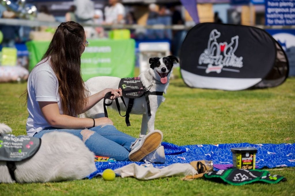 A woman sitting on a picnic blanket with a service dog during the “Paws A While” event, with stalls and people in the background.